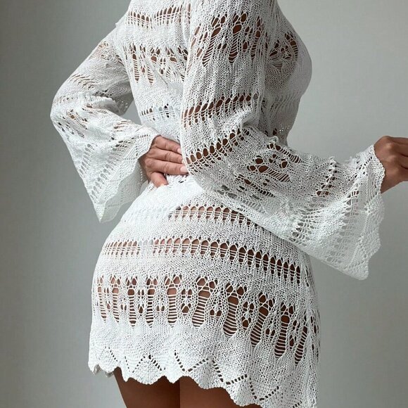 White Boho Women's Beach Hollow Out Scallop Trim Flounce Sleeve Cover Up Dress - Picture 2 of 4